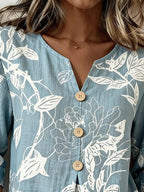 Women's Casual V-Neck Printed Cotton-Linen Top