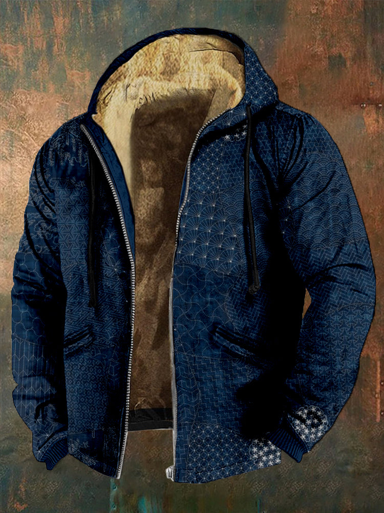 Men's Japanese Traditional Sashiko Art Full Zip Casual Hoodie