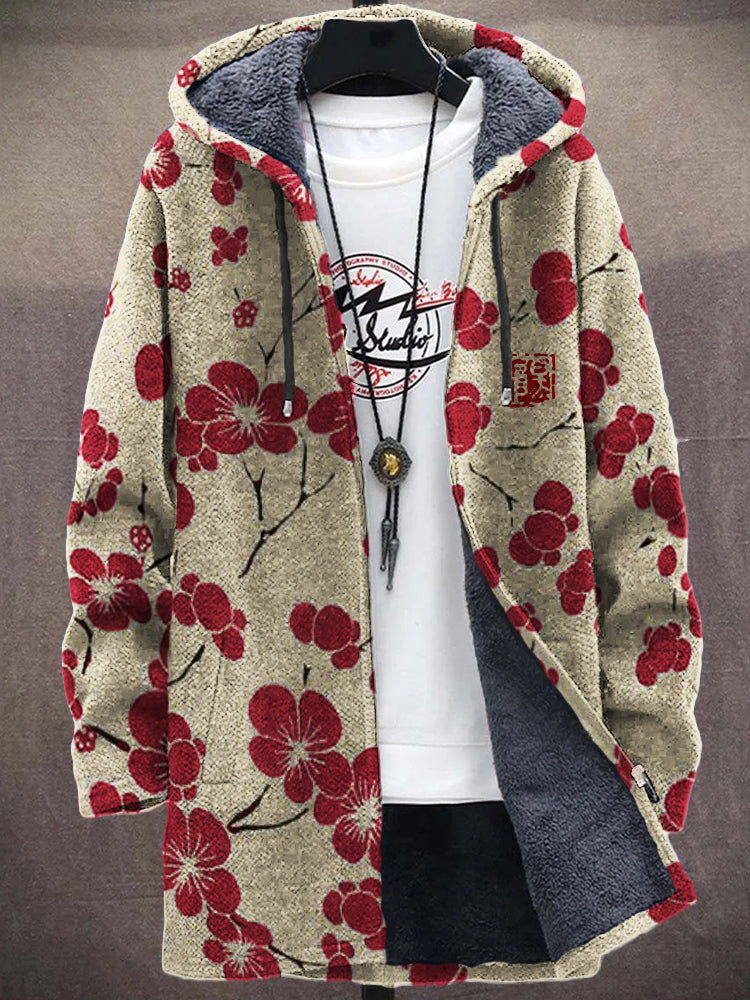 Men's Cherry Blossom Japanese Lino Pattern Cozy Hooded Cardigan