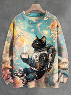 Men's Surreal Futuristic Sci-Fi Art Space Cat Print Knit Sweater