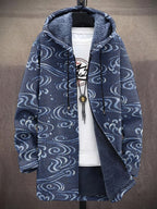 Men'S Japanese Waves Art Pattern Cozy Hooded Cardigan