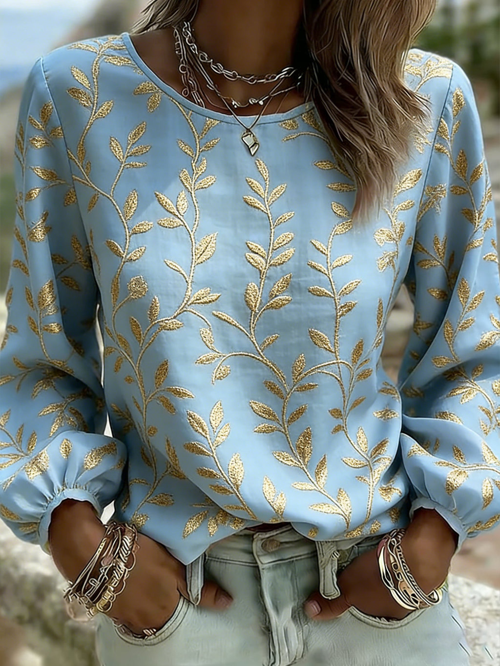 Women's Casual Floral Print Long-Sleeved Top