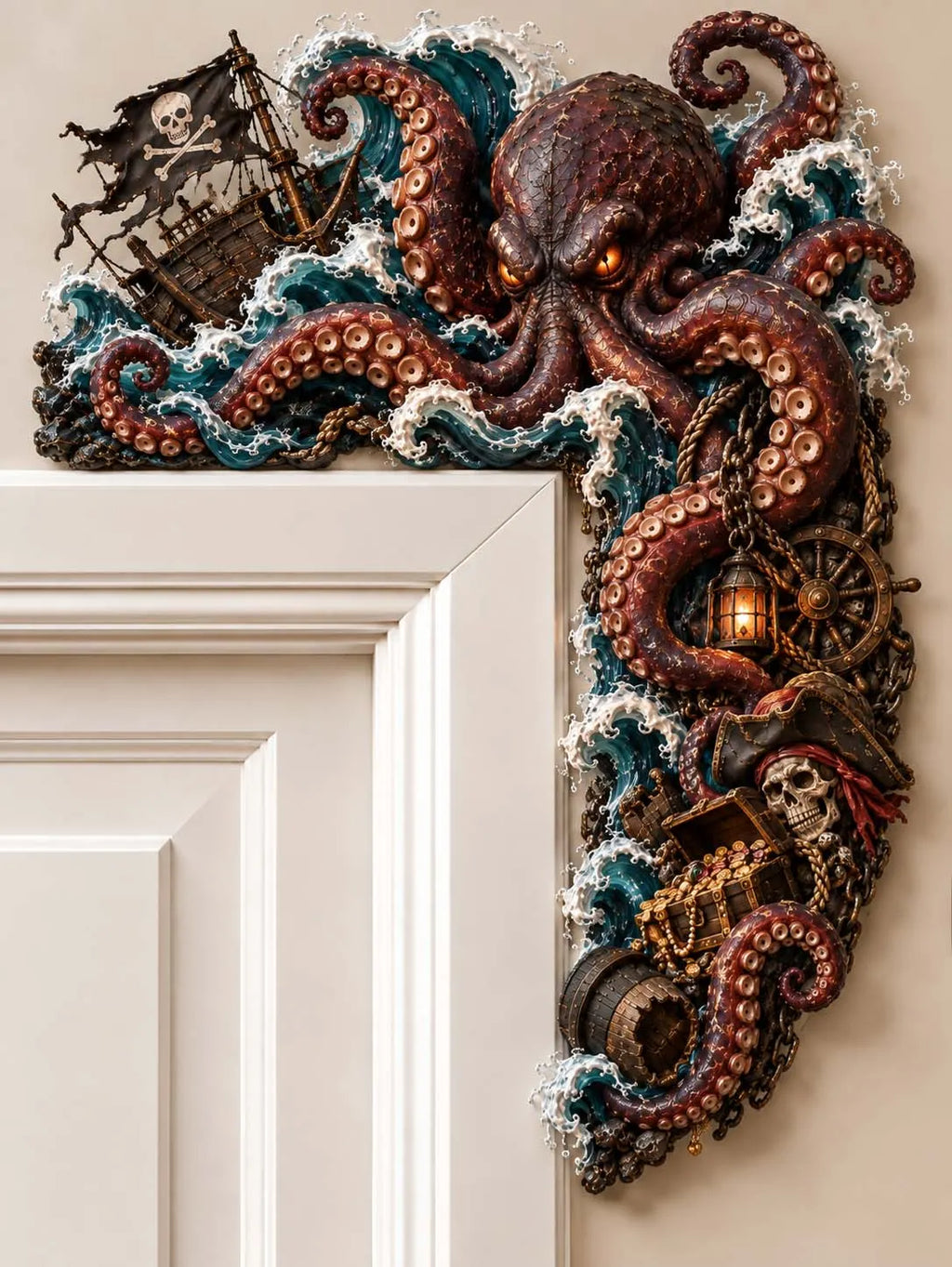 🐙 Giant Kraken Octopus and Pirate Ship Door Corner Decor
