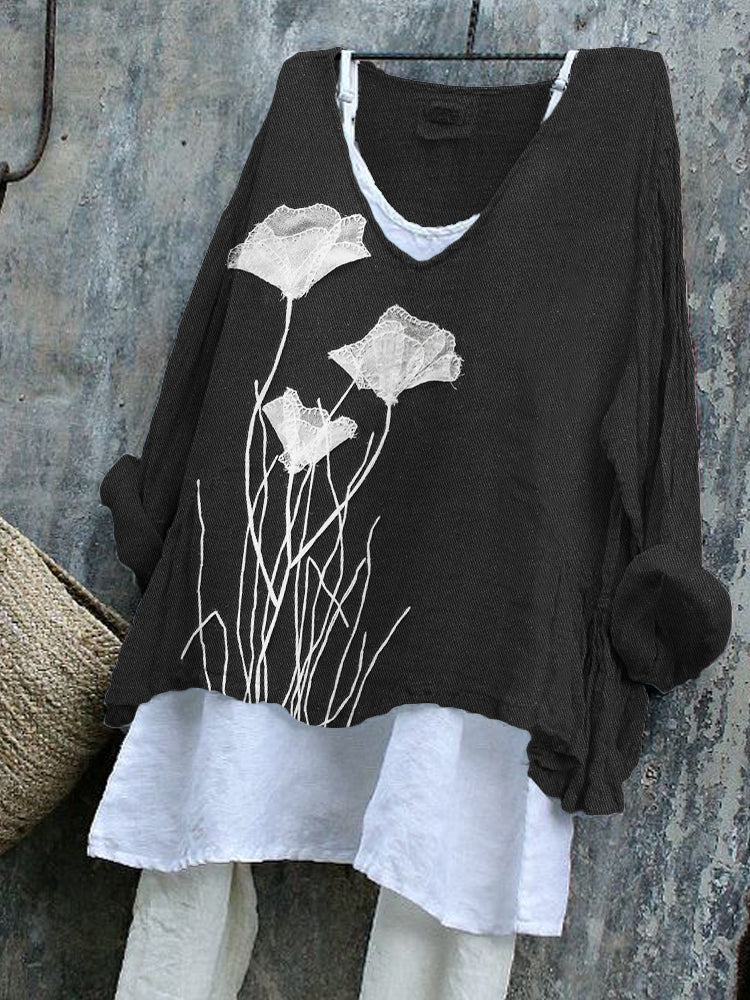 Classy Poppy Floral Embroidered Fiber Art Linen Blend Tunic