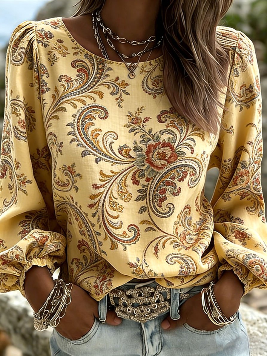 Women's Floral Print Long-Sleeve Linen-Blend Shirt with Round Neck