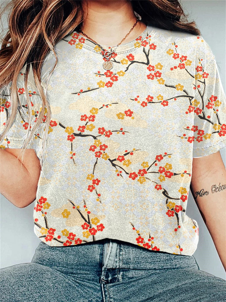 Plum Blossom Japanese Art Print Casual Vintage T-Shirt