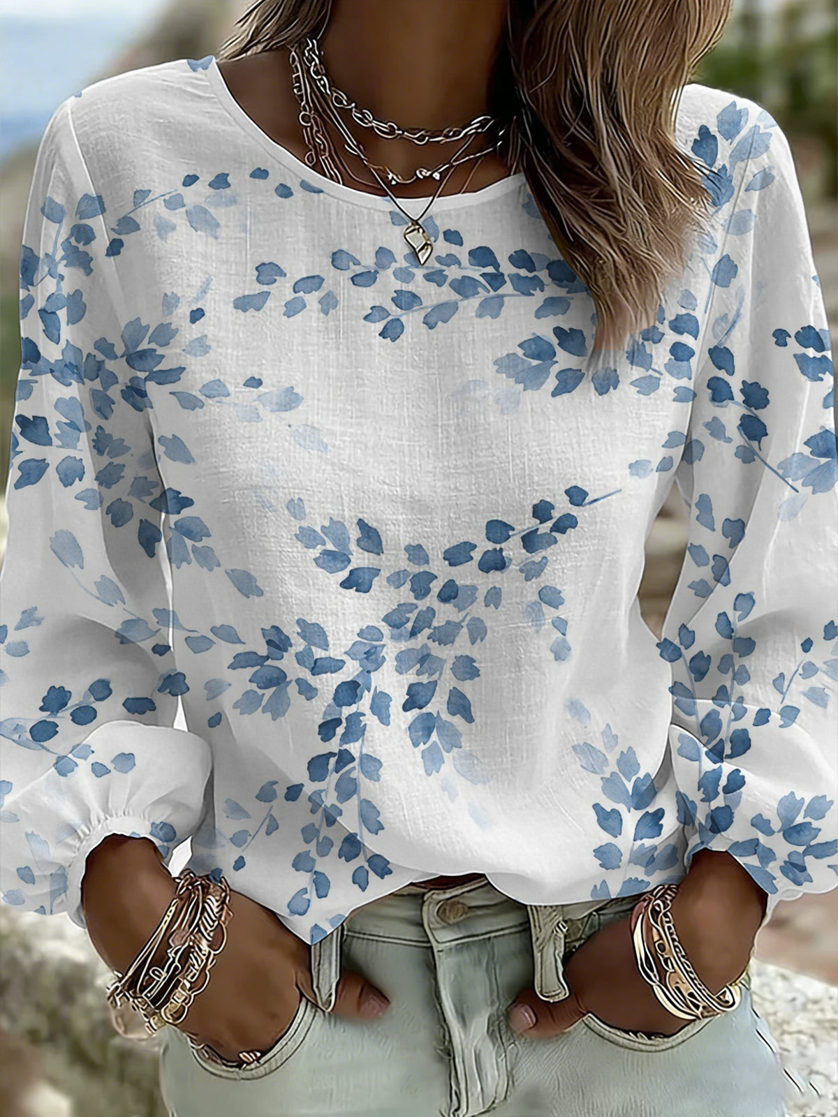 Women's Casual Floral Print Long-Sleeved Top