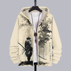 Men's Retro Japanese Samurai Ink Painting Art Casual Hooded Zip Up Jacket