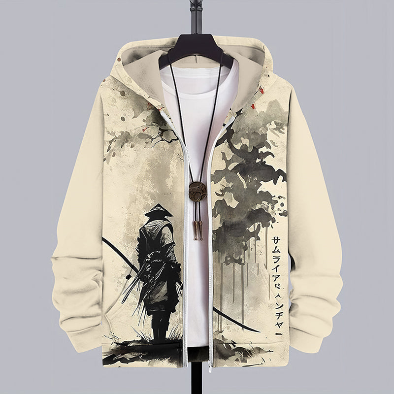 Men's Retro Japanese Samurai Ink Painting Art Casual Hooded Zip Up Jacket