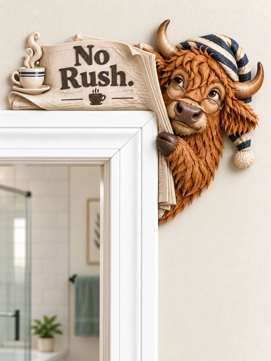 “No Rush” Reading Highland Cow Door Frame Corner Decor