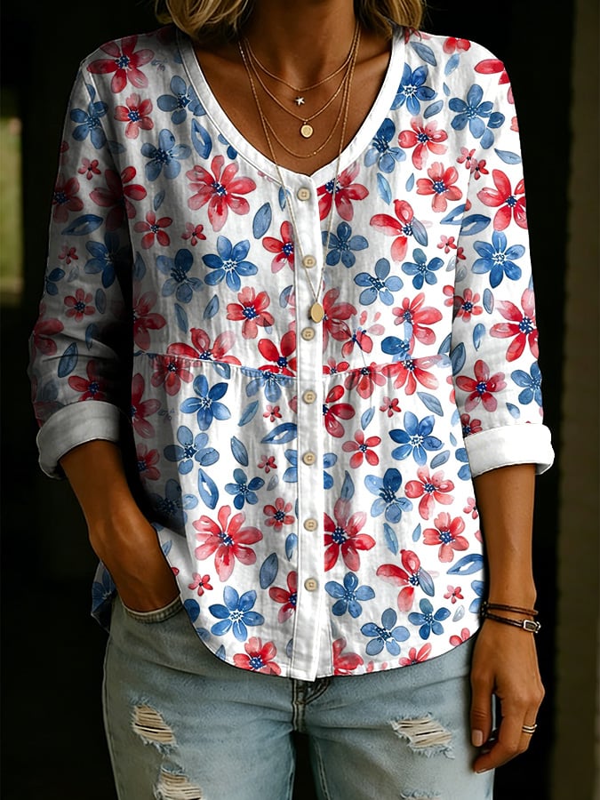 Women's Casual Patriotic Floral Print Shirt