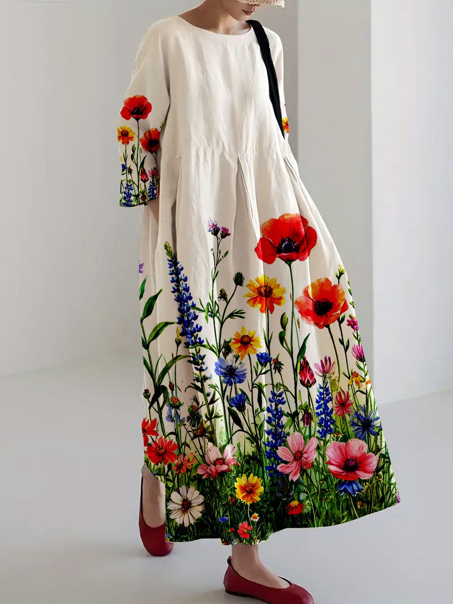 Women's Floral Art Linen Dress