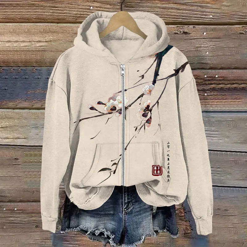 Japanese Art Sakura Print Long Sleeves Zip Hoodie
