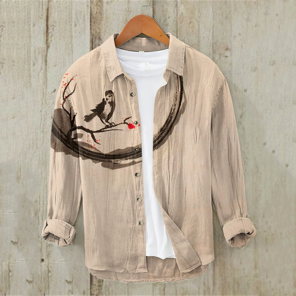 Men'S Japanese Art Bird Linen Blend Shirt