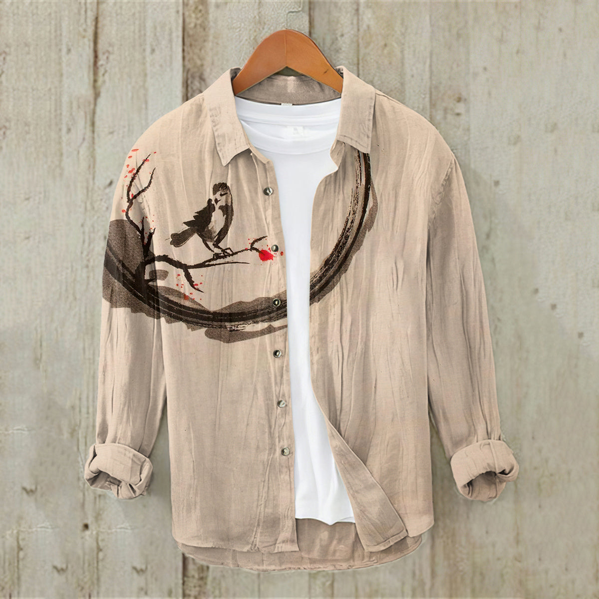 Men'S Japanese Art Bird Linen Blend Shirt