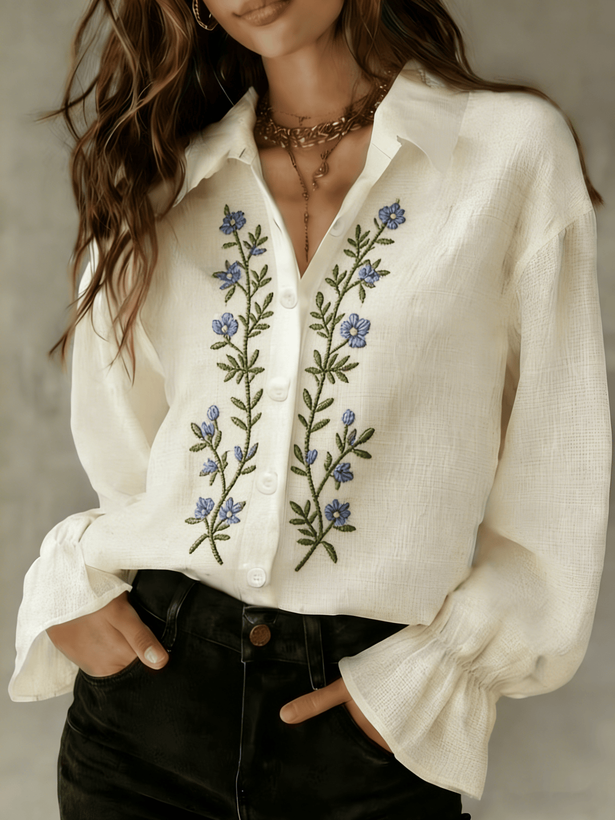 Women's Cotton Linen Floral Embroidered Shirt