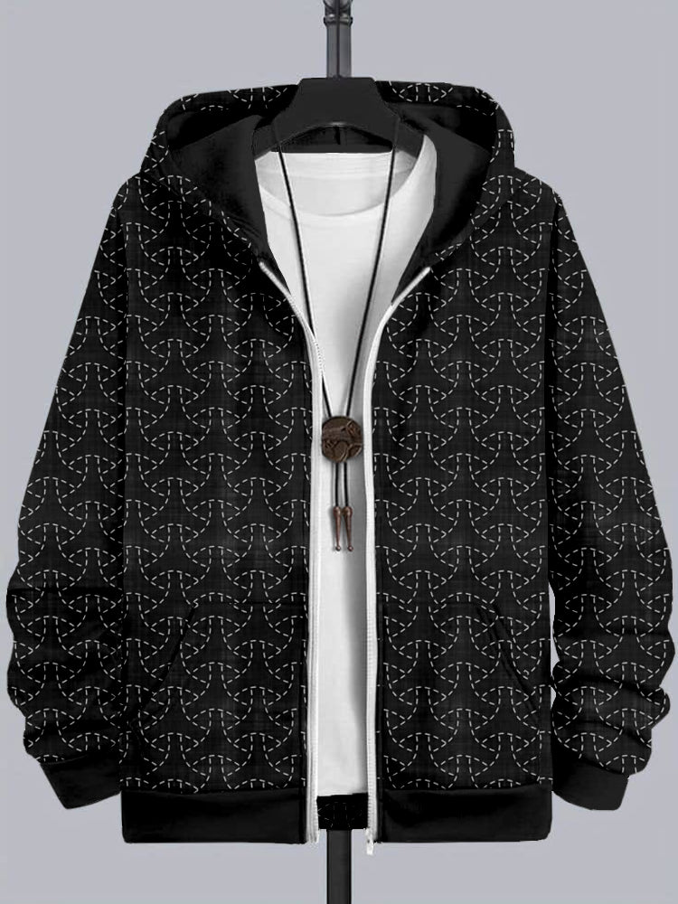 Men's Maru Bishamon Japanese Sashiko Art Zip Cozy Hoodie