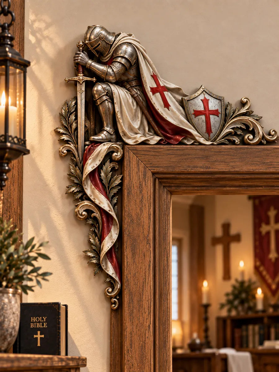 Knight of Faith Wooden Door Frame DecorKnight of Faith Wooden Door Frame Decor  ⚔️ Bold Medieval Accent A striking kneeling knight, cross shield, sword and ornate scrollwork create a powerful faith-inspired statement for your doorway.  🪵 Wooden Craftsman