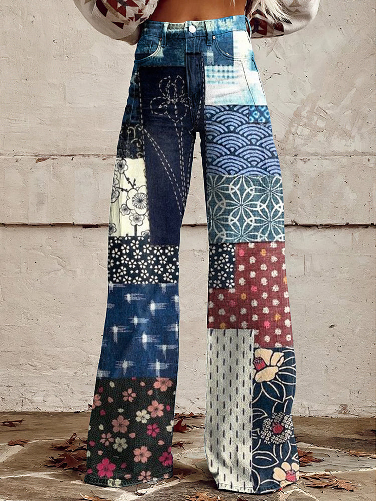 Vintage Japanese Art Patch Casual Wide Leg Jeans