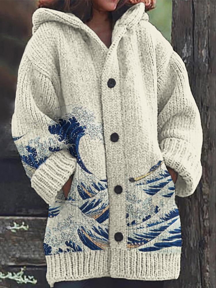 The Great Wave Japanese Art Cozy Knit Hooded Cardigan