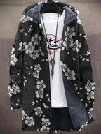 Men's Cherry Blossom Japanese Lino Pattern Cozy Hooded Cardigan