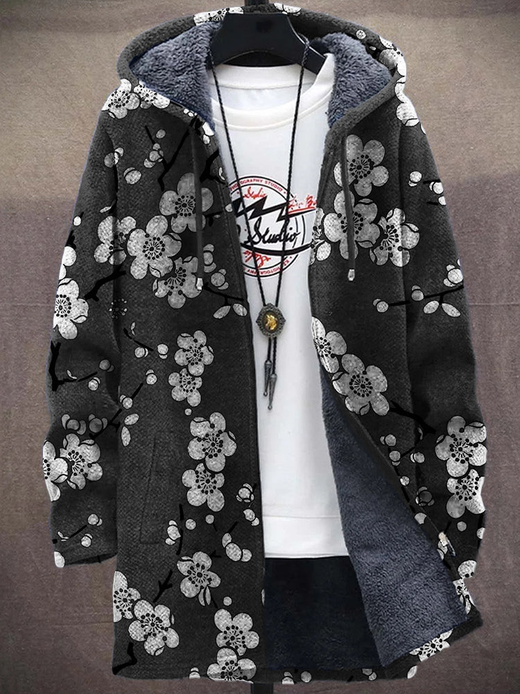 Men's Cherry Blossom Japanese Lino Pattern Cozy Hooded Cardigan