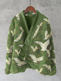 Cranes & Pine Trees Japanese Pattern Cozy Fleece Kimono Cardigan
