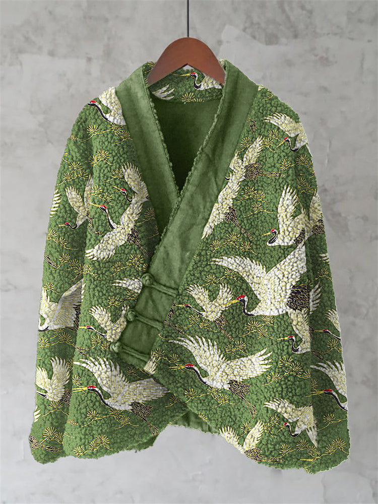 Cranes & Pine Trees Japanese Pattern Cozy Fleece Kimono Cardigan