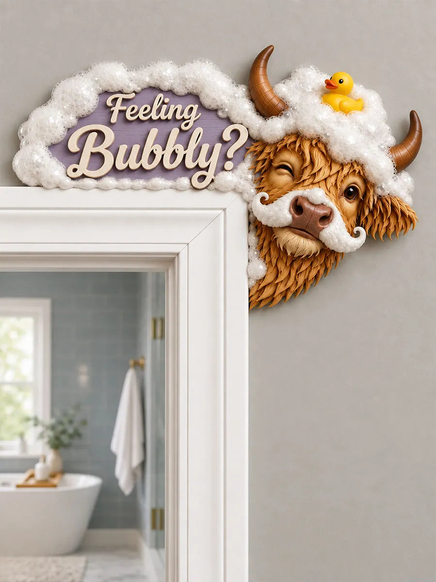 “Feeling Bubbly?” Highland Cow Door Frame Corner Decor