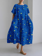 Blue Clouds Stars Print Art Linen Maxi Dress