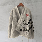 Magnolia Japanese Lino Floral Art Cozy Fleece Kimono Cardigan