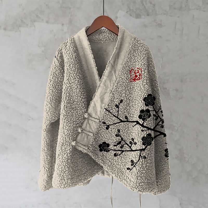 Magnolia Japanese Lino Floral Art Cozy Fleece Kimono Cardigan