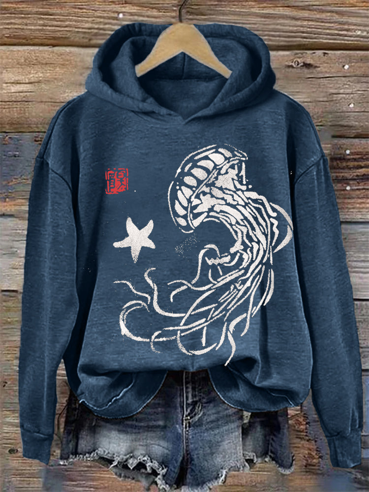 Jellyfish & Starfish Japanese Lino Art Cozy Hoodie