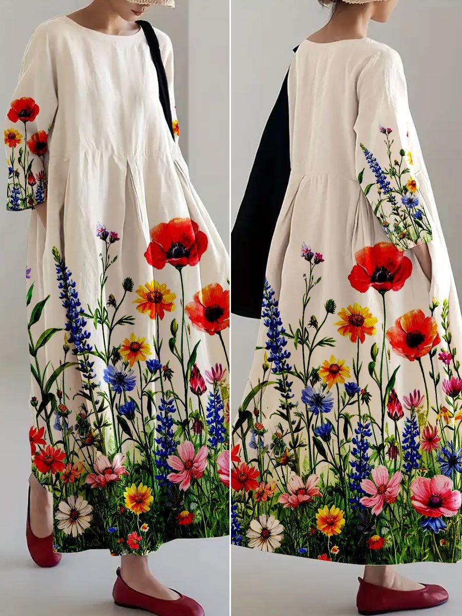 Women's Floral Art Linen Dress