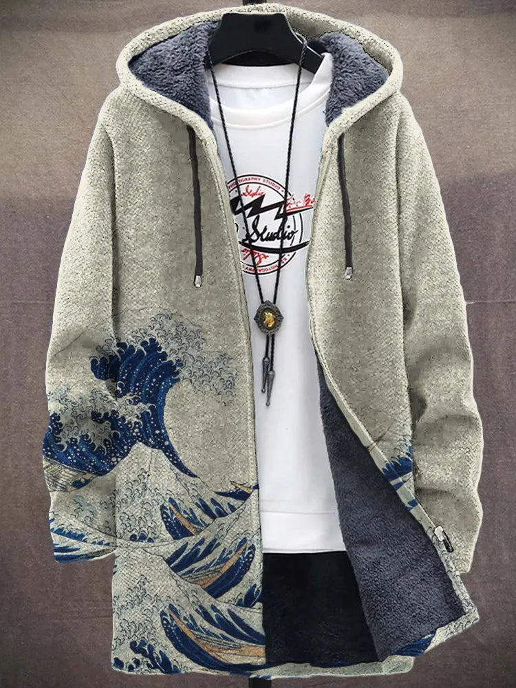 Men's Great Wave Japanese Art Cozy Hooded Cardigan