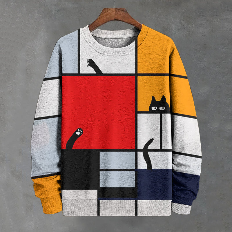 Men's Colorblock Mondrian Cat Art Print Cotton Sweatshirt