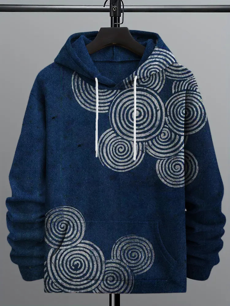Men's Sea Waves Ripples Japanese Lino Art Cozy Hoodie