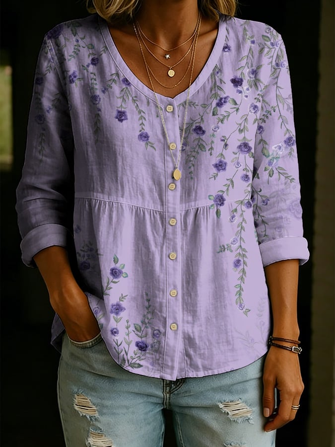 Women's Casual Floral Print Cotton Linen Top