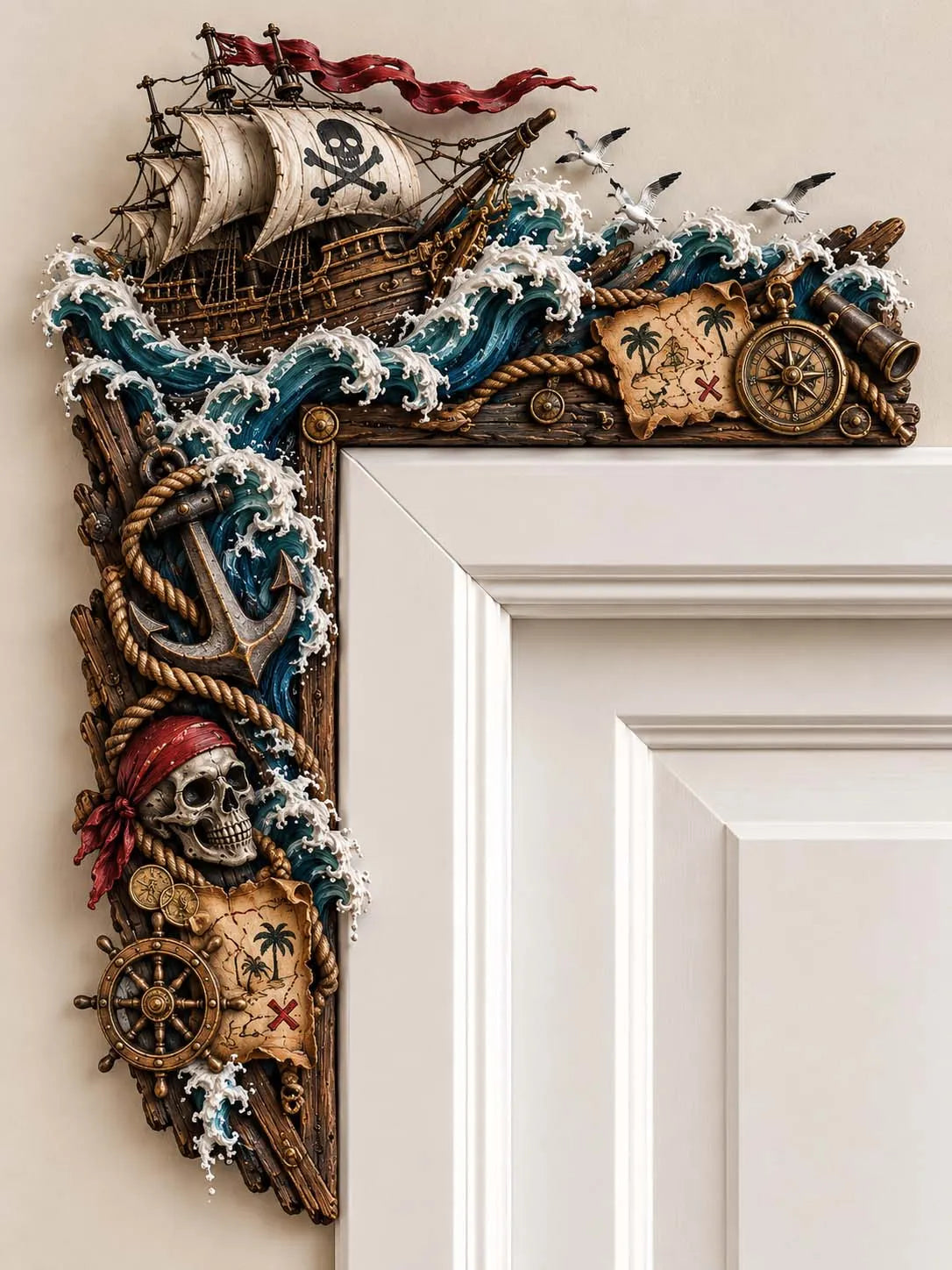 🏴‍☠️ ⚓ Ahoy! Pirate Ship & Skull Door Corner 🦜 Treasure Map & Compass Nautical Decor