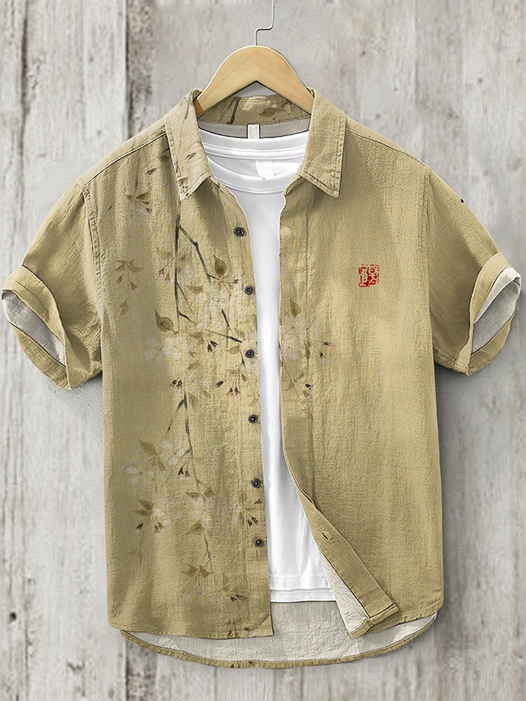 Japanese Flowers Art Short Sleeve Linen Blend Shirt