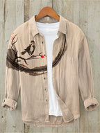 Men'S Japanese Art Bird Linen Blend Shirt