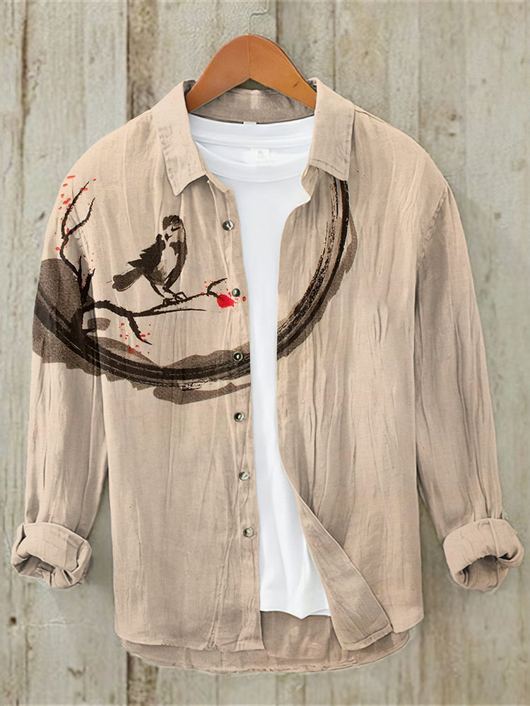 Men'S Japanese Art Bird Linen Blend Shirt