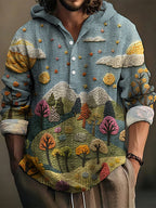 Men's Colored Forest Mountain View Embroidery Print Linen Hooded Shirt