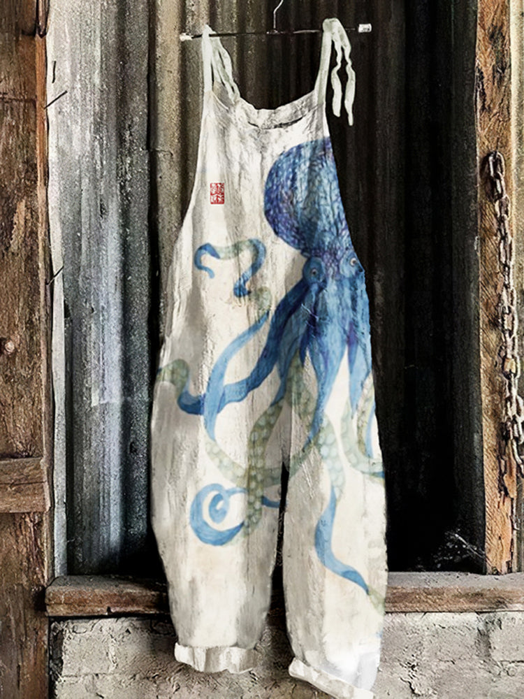 Vintage Japanese Octopus Watercolor Art Print Loose Jumpsuit