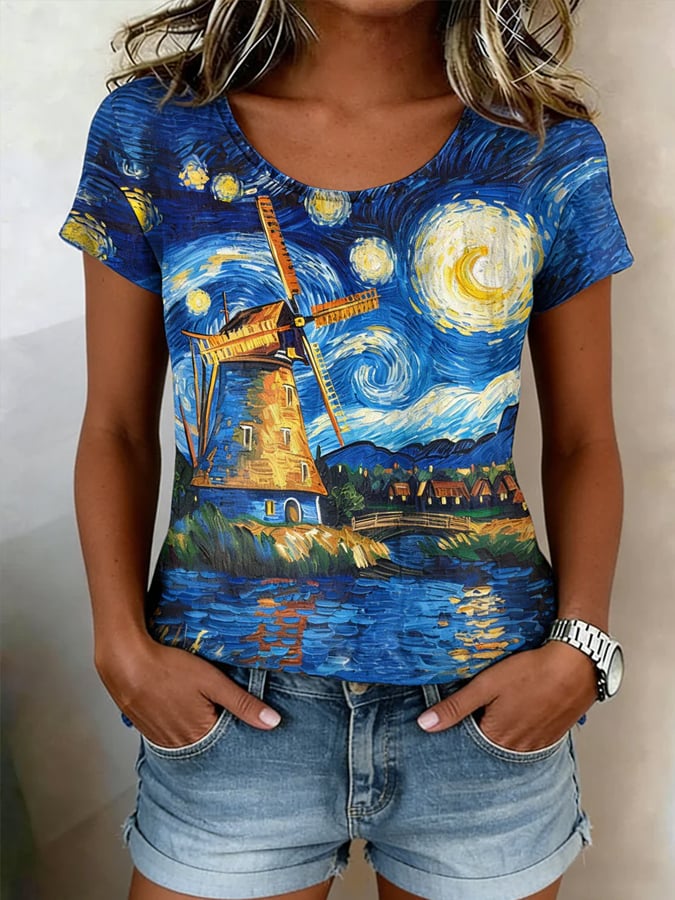 Women's Casual Oil Painting Cotton Linen Print Top