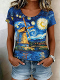Women's Casual Oil Painting Cotton Linen Print Top