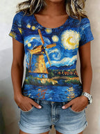 Women's Casual Oil Painting Cotton Linen Print Top