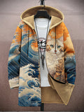 Ocean Waves & Japanese Cat Print Men's Hooded Jacket