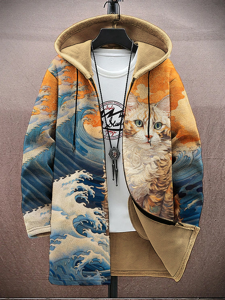 Ocean Waves & Japanese Cat Print Men's Hooded Jacket