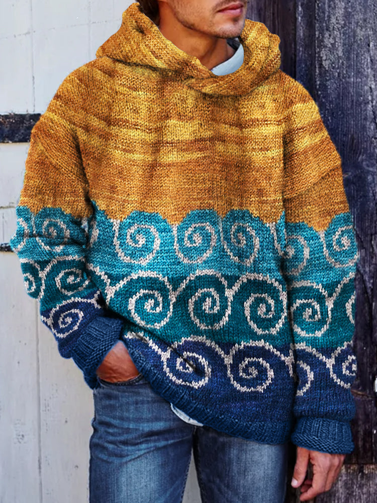Men's Japanese Sea Waves Colorblock Cozy Knit Hooded Sweater